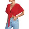 imageLYANER Womens Deep V Neck Tie Front Knot Wrap Ruffle Short Sleeeve Crop Top BlouseRed