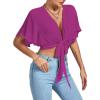 imageLYANER Womens Deep V Neck Tie Front Knot Wrap Ruffle Short Sleeeve Crop Top BlouseRose