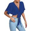 imageLYANER Womens Deep V Neck Tie Front Knot Wrap Ruffle Short Sleeeve Crop Top BlouseRoyal Blue