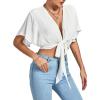 imageLYANER Womens Deep V Neck Tie Front Knot Wrap Ruffle Short Sleeeve Crop Top BlouseSolid White