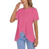 imageLYANER Womens Round Neck High Low Wrap Front Split Hem Short Sleeve TShirt Blouse TopBright Pink