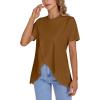 imageLYANER Womens Round Neck High Low Wrap Front Split Hem Short Sleeve TShirt Blouse TopLight Brown