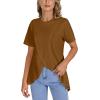 imageLYANER Womens Round Neck High Low Wrap Front Split Hem Short Sleeve TShirt Blouse TopLight Brown