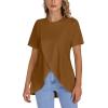 imageLYANER Womens Round Neck High Low Wrap Front Split Hem Short Sleeve TShirt Blouse TopLight Brown