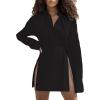 imageLYANER Womens Collar V Neck Blouse Long Sleeve Button Down Split Hem Long Shirt TopBlack