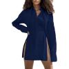 imageLYANER Womens Collar V Neck Blouse Long Sleeve Button Down Split Hem Long Shirt TopNavy Blue