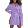 imageLYANER Womens Collar V Neck Blouse Long Sleeve Button Down Split Hem Long Shirt TopPurple