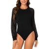 imageLYANER Womens Crew Neck Bodysuit Lace Hollow Out Long Sleeve Slim Fit Stretchy Leotards TopsBlack