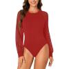 imageLYANER Womens Crew Neck Bodysuit Lace Hollow Out Long Sleeve Slim Fit Stretchy Leotards TopsRed
