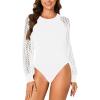 imageLYANER Womens Crew Neck Bodysuit Lace Hollow Out Long Sleeve Slim Fit Stretchy Leotards TopsWhite