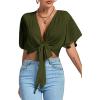 imageLYANER Womens Deep V Neck Tie Front Knot Wrap Ruffle Short Sleeeve Crop Top BlouseArmy Green