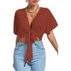 imageLYANER Womens Deep V Neck Tie Front Knot Wrap Ruffle Short Sleeeve Crop Top BlouseBrick Red