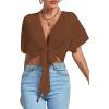 imageLYANER Womens Deep V Neck Tie Front Knot Wrap Ruffle Short Sleeeve Crop Top BlouseBrown
