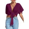 imageLYANER Womens Deep V Neck Tie Front Knot Wrap Ruffle Short Sleeeve Crop Top BlouseDark Purple