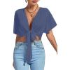 imageLYANER Womens Deep V Neck Tie Front Knot Wrap Ruffle Short Sleeeve Crop Top BlouseDusty Blue
