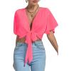 imageLYANER Womens Deep V Neck Tie Front Knot Wrap Ruffle Short Sleeeve Crop Top BlouseHot Pink