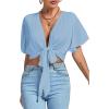 imageLYANER Womens Deep V Neck Tie Front Knot Wrap Ruffle Short Sleeeve Crop Top BlouseLight Blue