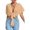 imageLYANER Womens Deep V Neck Tie Front Knot Wrap Ruffle Short Sleeeve Crop Top BlouseLight Khaki