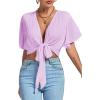 imageLYANER Womens Deep V Neck Tie Front Knot Wrap Ruffle Short Sleeeve Crop Top BlouseLight Purple