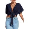 imageLYANER Womens Deep V Neck Tie Front Knot Wrap Ruffle Short Sleeeve Crop Top BlouseNavy Blue