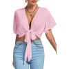 imageLYANER Womens Deep V Neck Tie Front Knot Wrap Ruffle Short Sleeeve Crop Top BlousePink