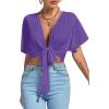 imageLYANER Womens Deep V Neck Tie Front Knot Wrap Ruffle Short Sleeeve Crop Top BlousePurple