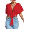 imageLYANER Womens Deep V Neck Tie Front Knot Wrap Ruffle Short Sleeeve Crop Top BlouseRed
