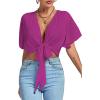 imageLYANER Womens Deep V Neck Tie Front Knot Wrap Ruffle Short Sleeeve Crop Top BlouseRose
