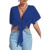 imageLYANER Womens Deep V Neck Tie Front Knot Wrap Ruffle Short Sleeeve Crop Top BlouseRoyal Blue
