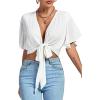 imageLYANER Womens Deep V Neck Tie Front Knot Wrap Ruffle Short Sleeeve Crop Top BlouseSolid White