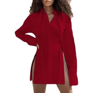 imageLYANER Womens Collar V Neck Blouse Long Sleeve Button Down Split Hem Long Shirt TopRed