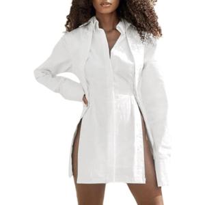imageLYANER Womens Collar V Neck Blouse Long Sleeve Button Down Split Hem Long Shirt TopWhite