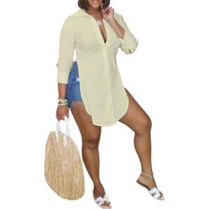 imageLYANER Womens Collar V Neck Button Front Long Sleeve Slit Hem Long Shirt Blouse TopBeige