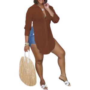 imageLYANER Womens Collar V Neck Button Front Long Sleeve Slit Hem Long Shirt Blouse TopBrown