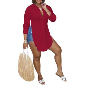 imageLYANER Womens Collar V Neck Button Front Long Sleeve Slit Hem Long Shirt Blouse TopBurgundy
