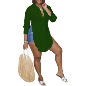 imageLYANER Womens Collar V Neck Button Front Long Sleeve Slit Hem Long Shirt Blouse TopDark Green