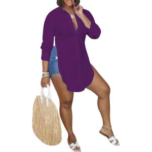 imageLYANER Womens Collar V Neck Button Front Long Sleeve Slit Hem Long Shirt Blouse TopDark Purple