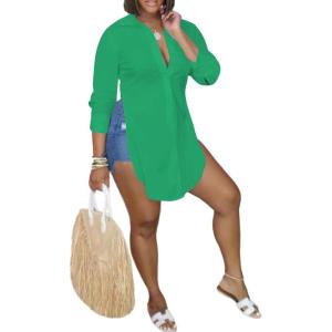 imageLYANER Womens Collar V Neck Button Front Long Sleeve Slit Hem Long Shirt Blouse TopGreen