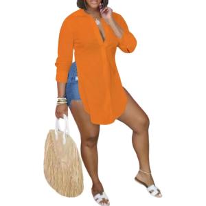 imageLYANER Womens Collar V Neck Button Front Long Sleeve Slit Hem Long Shirt Blouse TopOrange