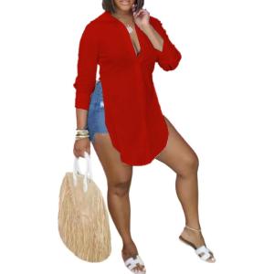 imageLYANER Womens Collar V Neck Button Front Long Sleeve Slit Hem Long Shirt Blouse TopRed