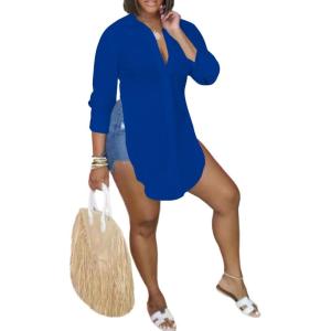 imageLYANER Womens Collar V Neck Button Front Long Sleeve Slit Hem Long Shirt Blouse TopRoyal Blue