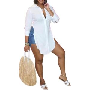 imageLYANER Womens Collar V Neck Button Front Long Sleeve Slit Hem Long Shirt Blouse TopWhite