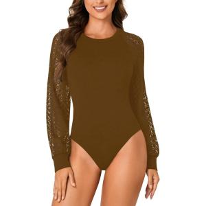 imageLYANER Womens Crew Neck Bodysuit Lace Hollow Out Long Sleeve Slim Fit Stretchy Leotards TopsBrown