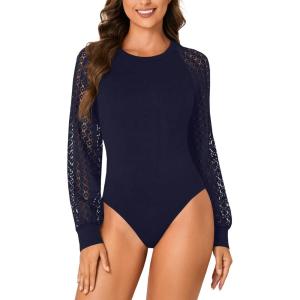 imageLYANER Womens Crew Neck Bodysuit Lace Hollow Out Long Sleeve Slim Fit Stretchy Leotards TopsNavy Blue