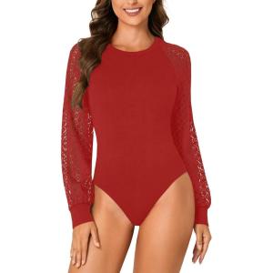 imageLYANER Womens Crew Neck Bodysuit Lace Hollow Out Long Sleeve Slim Fit Stretchy Leotards TopsRed