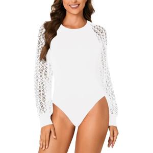 imageLYANER Womens Crew Neck Bodysuit Lace Hollow Out Long Sleeve Slim Fit Stretchy Leotards TopsWhite