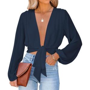 imageLYANER Womens Deep V Neck Tie Front Knot Long Sleeve Sexy Wrap Crop Top Blouse Navy Blue XLarge