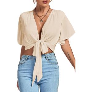 imageLYANER Womens Deep V Neck Tie Front Knot Wrap Ruffle Short Sleeeve Crop Top BlouseBeige