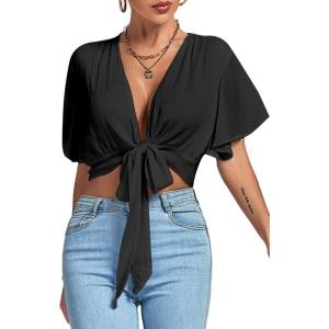 imageLYANER Womens Deep V Neck Tie Front Knot Wrap Ruffle Short Sleeeve Crop Top BlouseBlack