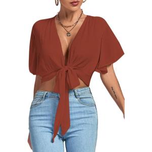 imageLYANER Womens Deep V Neck Tie Front Knot Wrap Ruffle Short Sleeeve Crop Top BlouseBrick Red